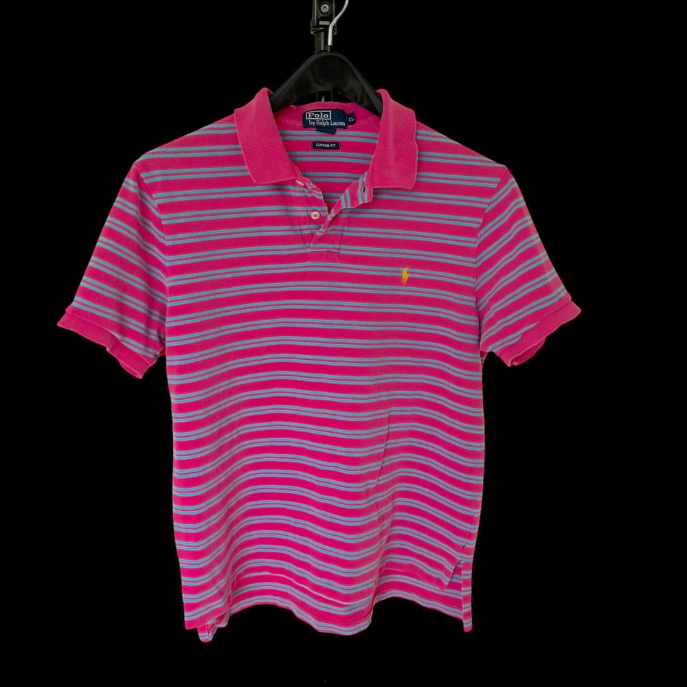 90's Polo Ralph Lauren XL Custom Fit Pink Teal Striped Cotton Pique Polo Shirt